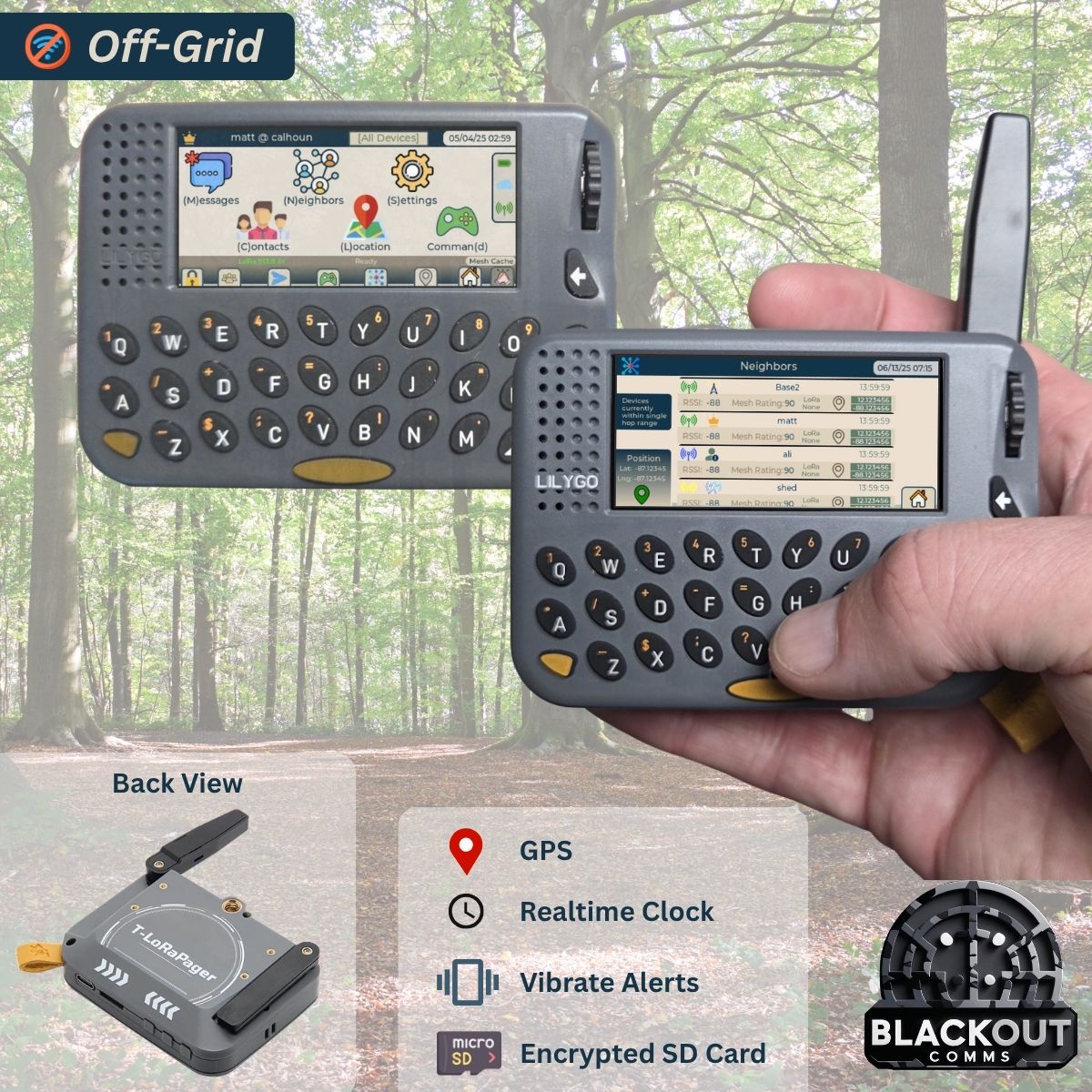 Blackout Comms Lilygo Pager Pair – Compact 2-Device Off-Grid Mesh Set