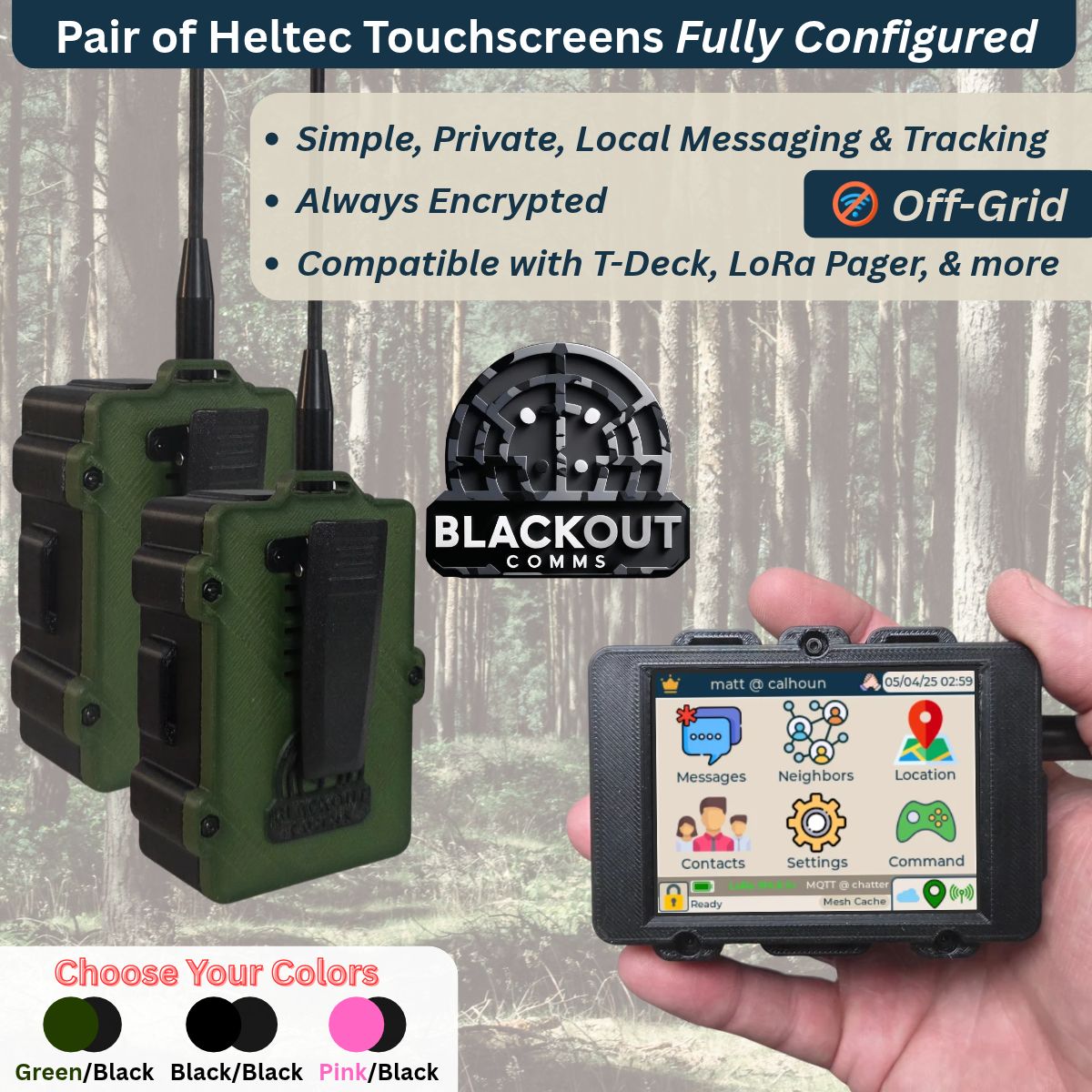 Blackout Comms Heltec V4 Touchscreen Pair – Ready-to-Use 2-Device Off-Grid Mesh Texting & Tracking Set